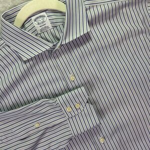 Brooks Brothers Men Dress Shirt 17.5-34 Blue Stripe Regent Fit Non-Iron Cotton